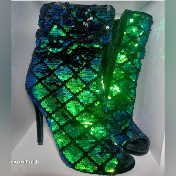 QUPID Sequin Ankle Boots - Sparkling Blue And Green Rhinestones - Picture 11 of 11